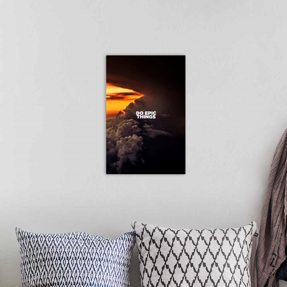 A bohemian room featuring Motivational sentiment over intense storm clouds at sunset.