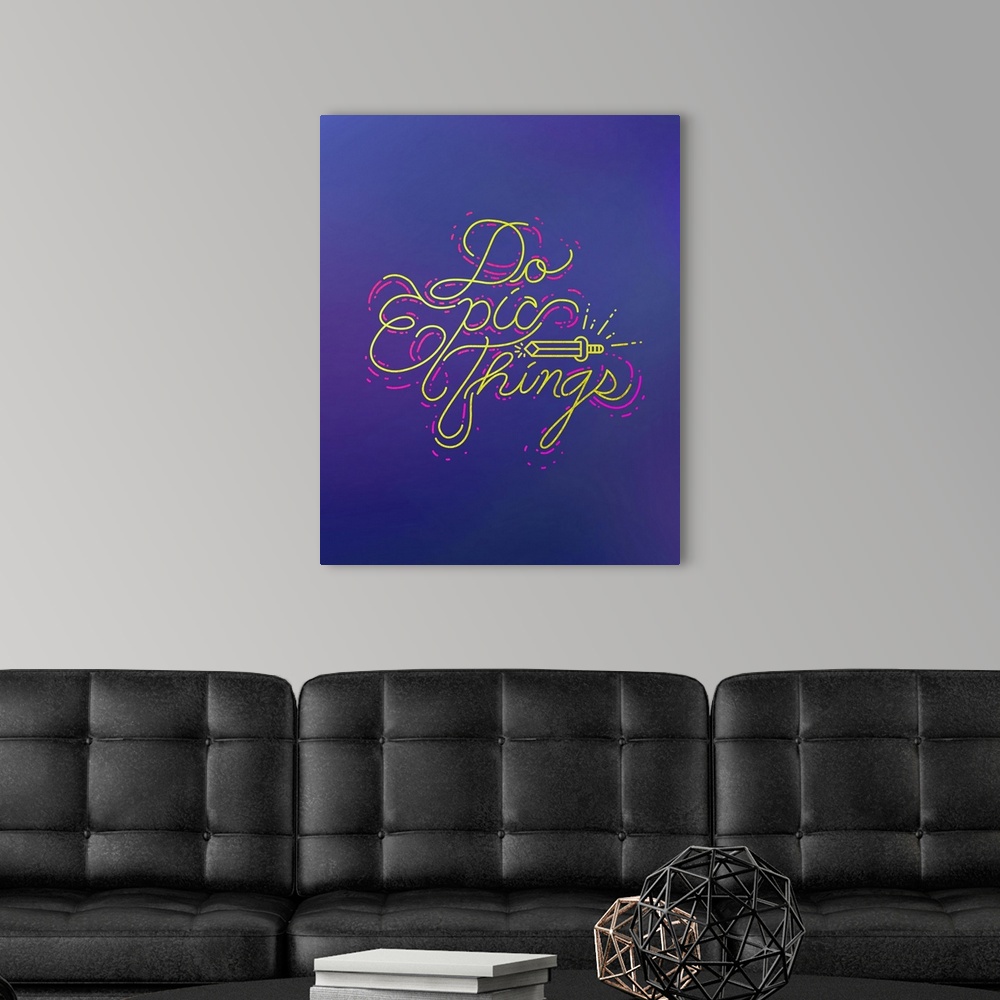 A modern room featuring Typography poster in vivid yellow script text with a sword motif on deep blue.