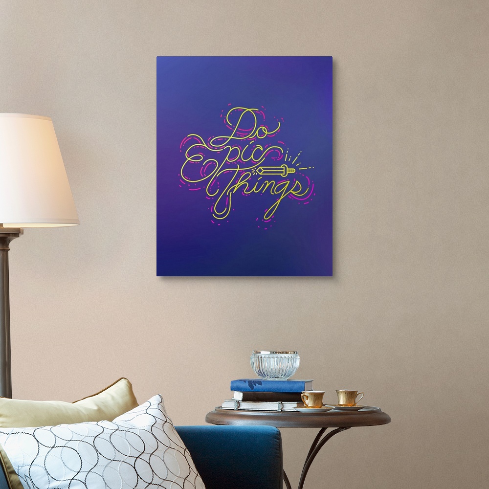 A traditional room featuring Typography poster in vivid yellow script text with a sword motif on deep blue.