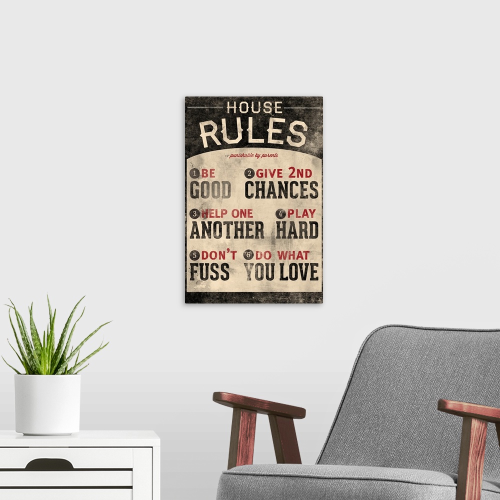 A modern room featuring An inspirational poster titled "House Rules". There is a grunge faded look to the print.