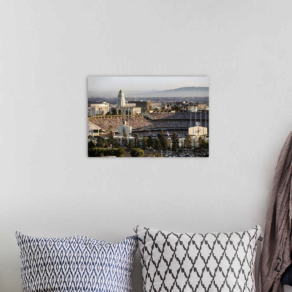 A bohemian room featuring Photograph of Dodgers Stadium on game day with a view of the Los Angeles rolling hills in the bac...