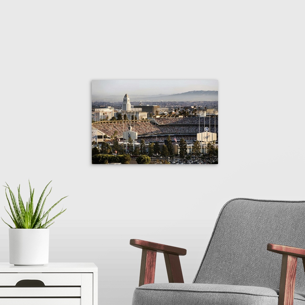 A modern room featuring Photograph of Dodgers Stadium on game day with a view of the Los Angeles rolling hills in the bac...