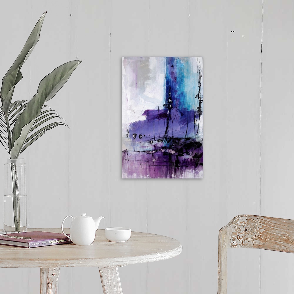 A farmhouse room featuring Contemporary painting done in brilliant shades of purple of purple from violet to eggplant over a...