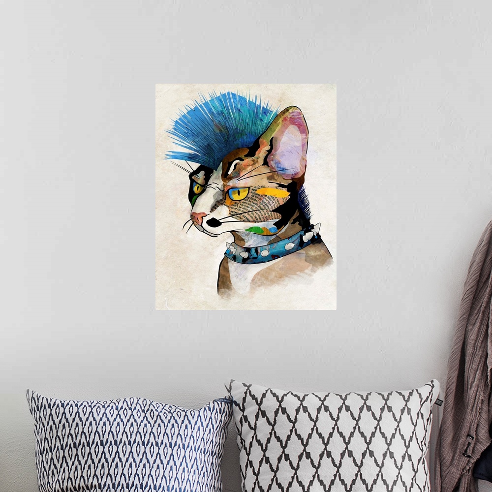 A bohemian room featuring Pop art of a cat with a blue mohawk and a spiked collar.