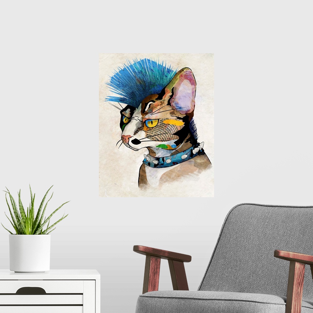 A modern room featuring Pop art of a cat with a blue mohawk and a spiked collar.