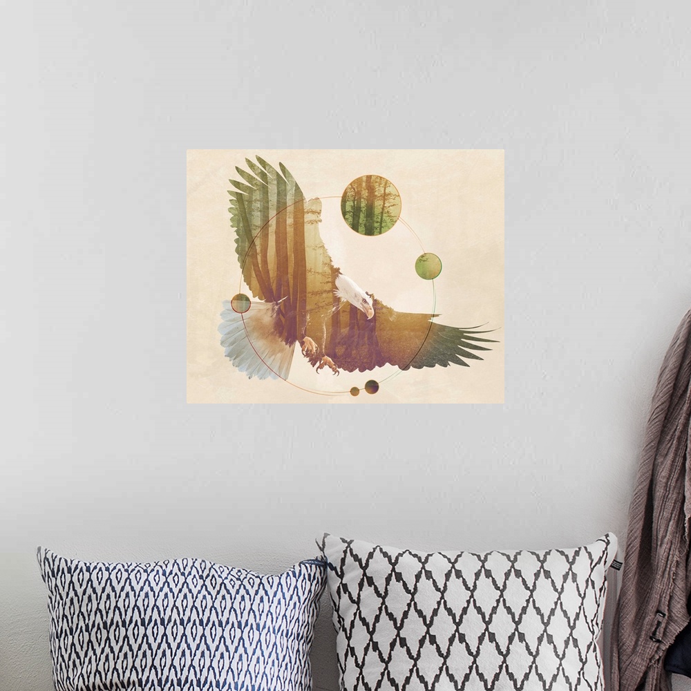 A bohemian room featuring Double exposure artwork of an eagle and a forest with circular shapes.