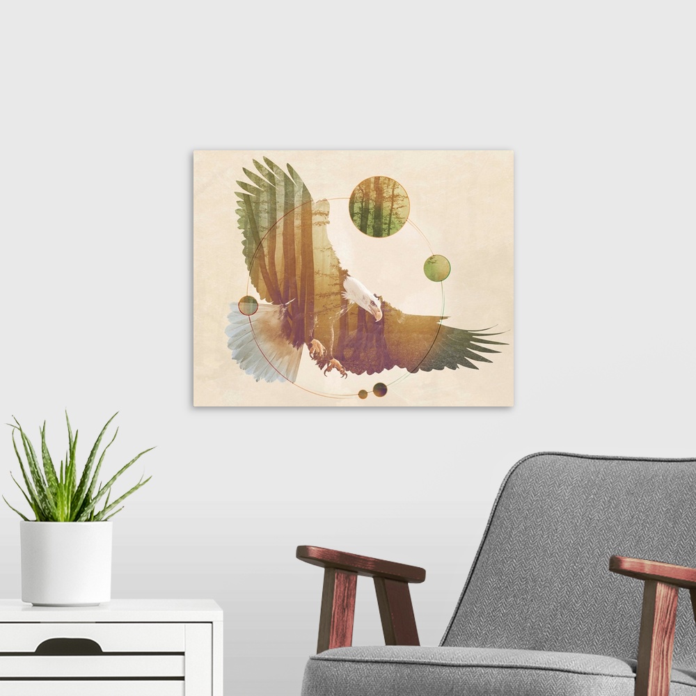 A modern room featuring Double exposure artwork of an eagle and a forest with circular shapes.