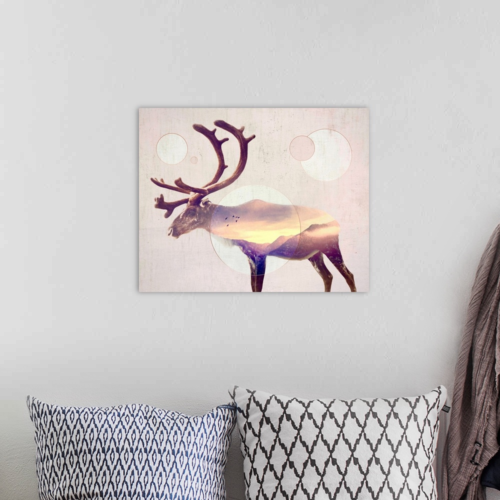 A bohemian room featuring Double exposure artwork of a reindeer and a mountain range with circular shapes.