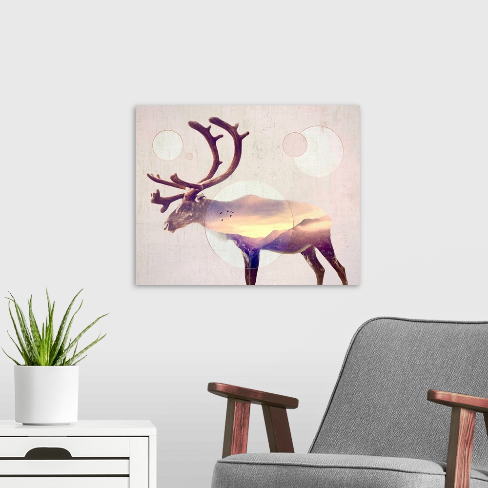 A modern room featuring Double exposure artwork of a reindeer and a mountain range with circular shapes.