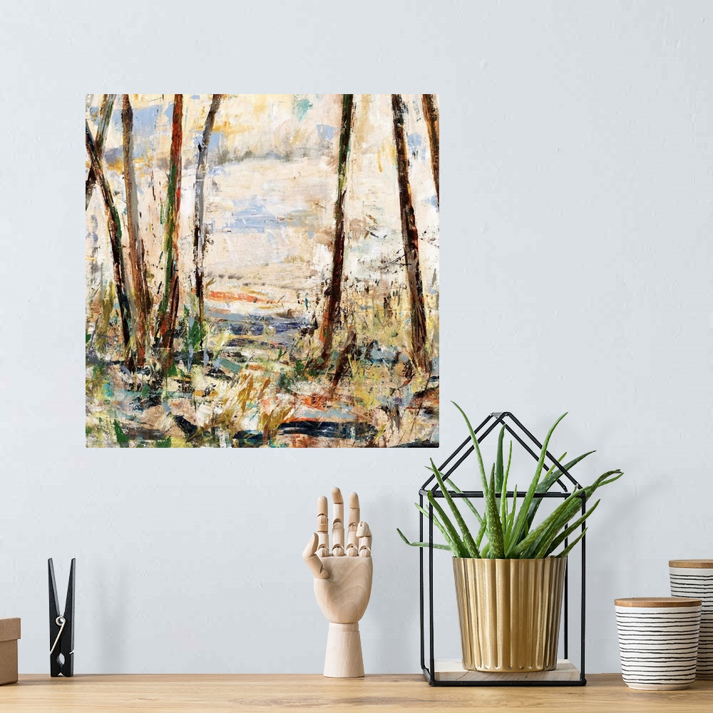 A bohemian room featuring Contemporary abstract painting using earth tones to make a forest.