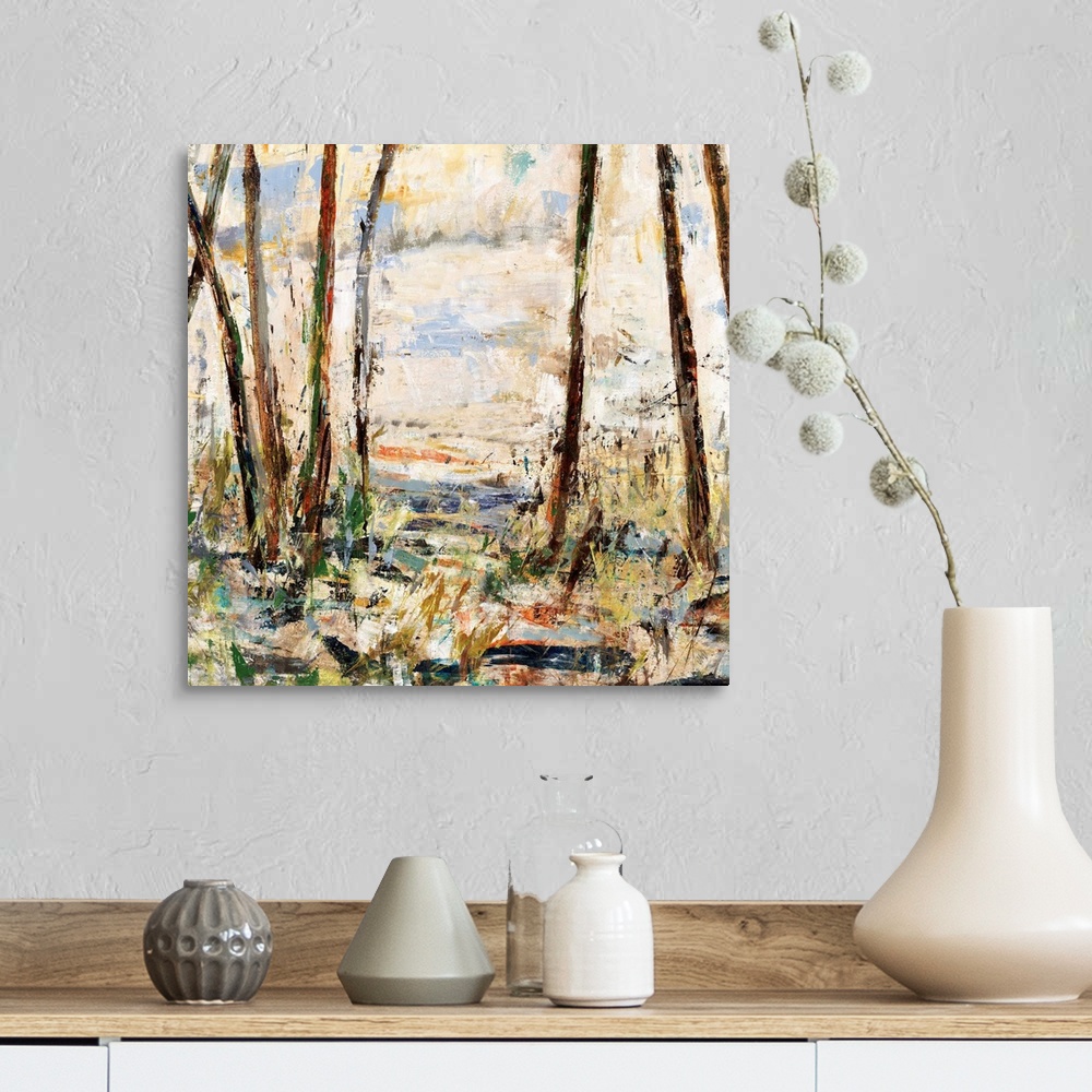 A farmhouse room featuring Contemporary abstract painting using earth tones to make a forest.