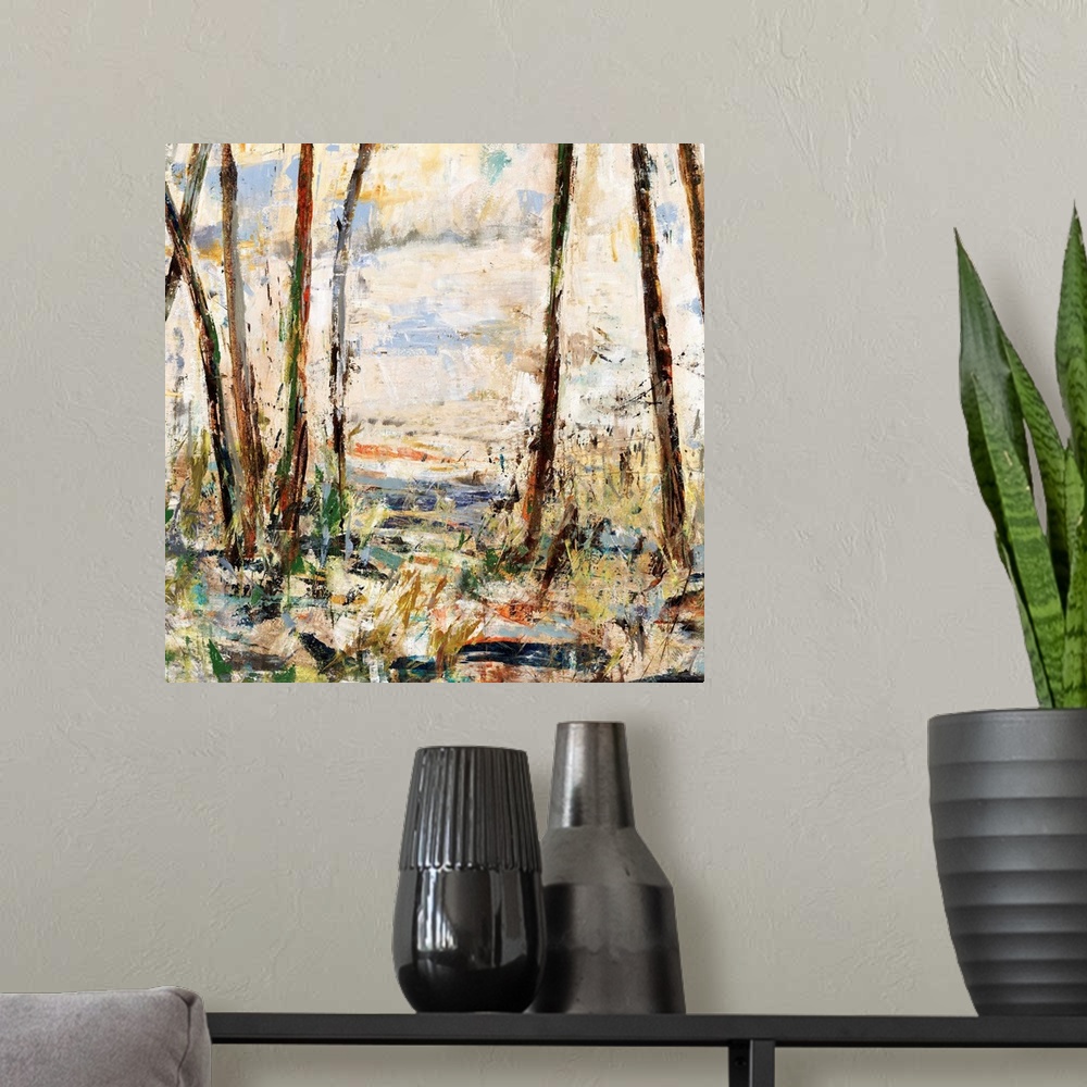 A modern room featuring Contemporary abstract painting using earth tones to make a forest.