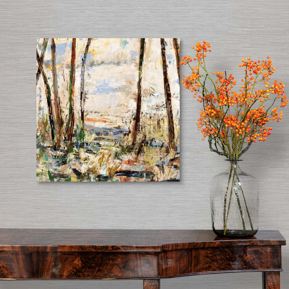 A traditional room featuring Contemporary abstract painting using earth tones to make a forest.