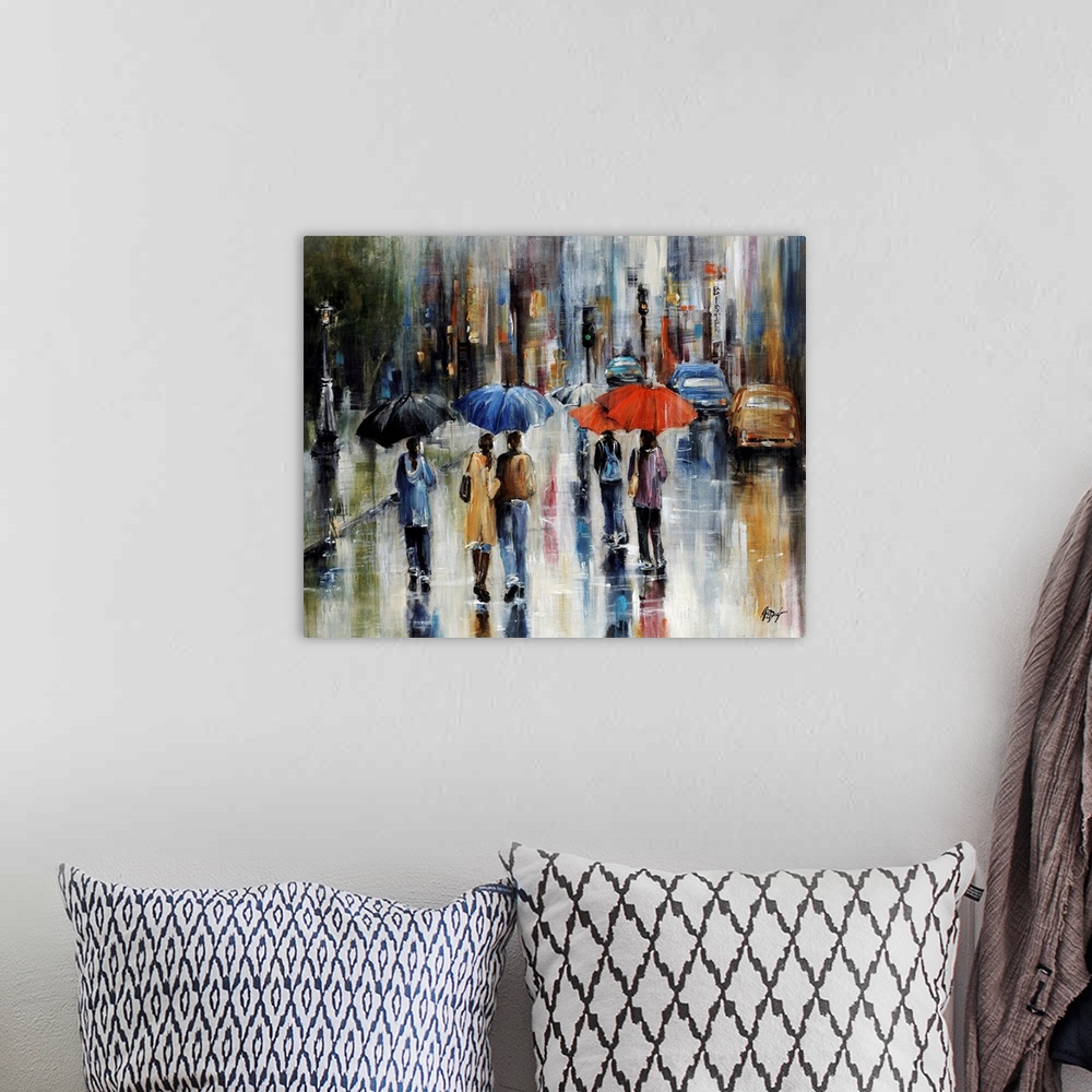 A bohemian room featuring Large painting of people walking in the street with umbrellas. There is a sidewalk to the left of...