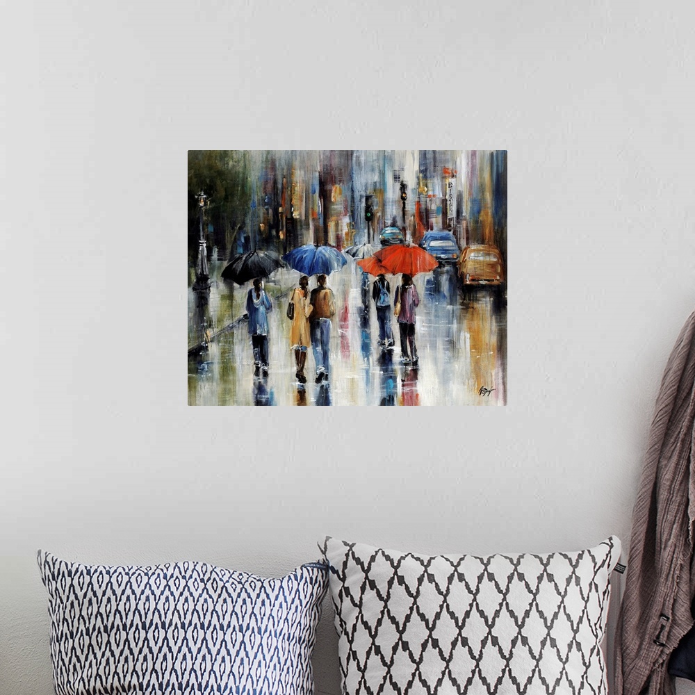 A bohemian room featuring Large painting of people walking in the street with umbrellas. There is a sidewalk to the left of...