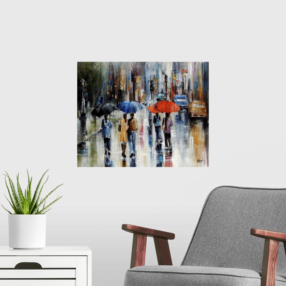 A modern room featuring Large painting of people walking in the street with umbrellas. There is a sidewalk to the left of...