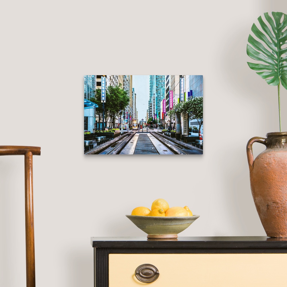 A traditional room featuring Downtown photograph of Houston TX with the METRORail coming down the center.