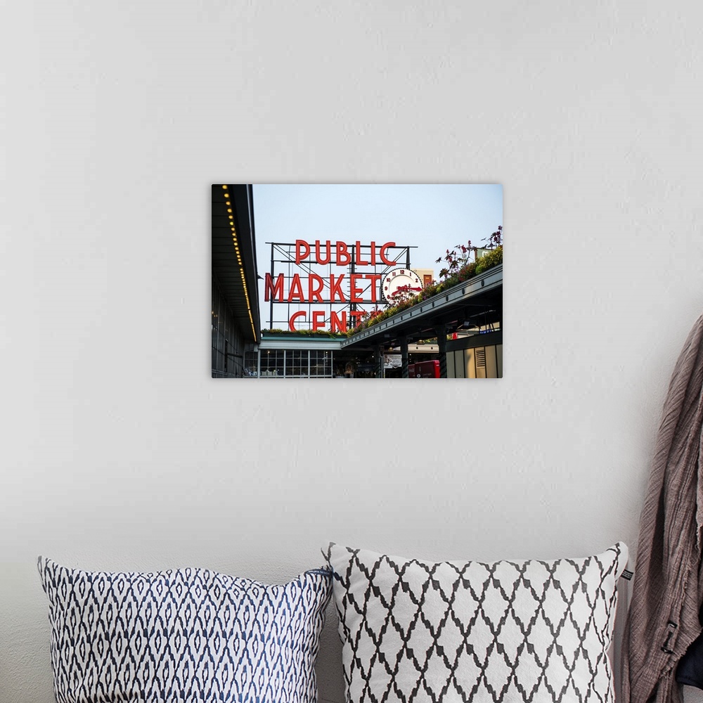 A bohemian room featuring Photograph of the downtown farmers market sign at Pike Place Market in Seattle
