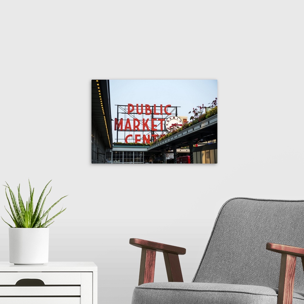 A modern room featuring Photograph of the downtown farmers market sign at Pike Place Market in Seattle