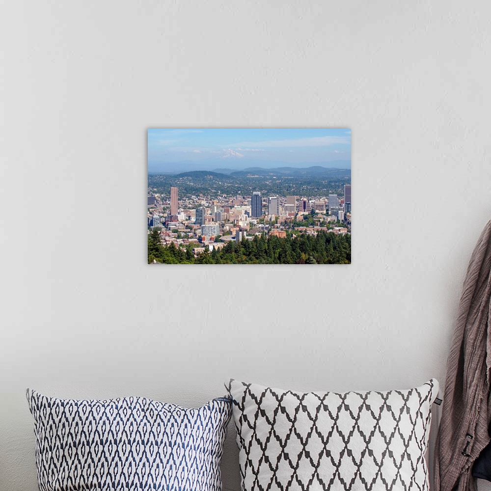 A bohemian room featuring View of downtown Portland city skyline with hazy view of Mount Hood in Oregon.