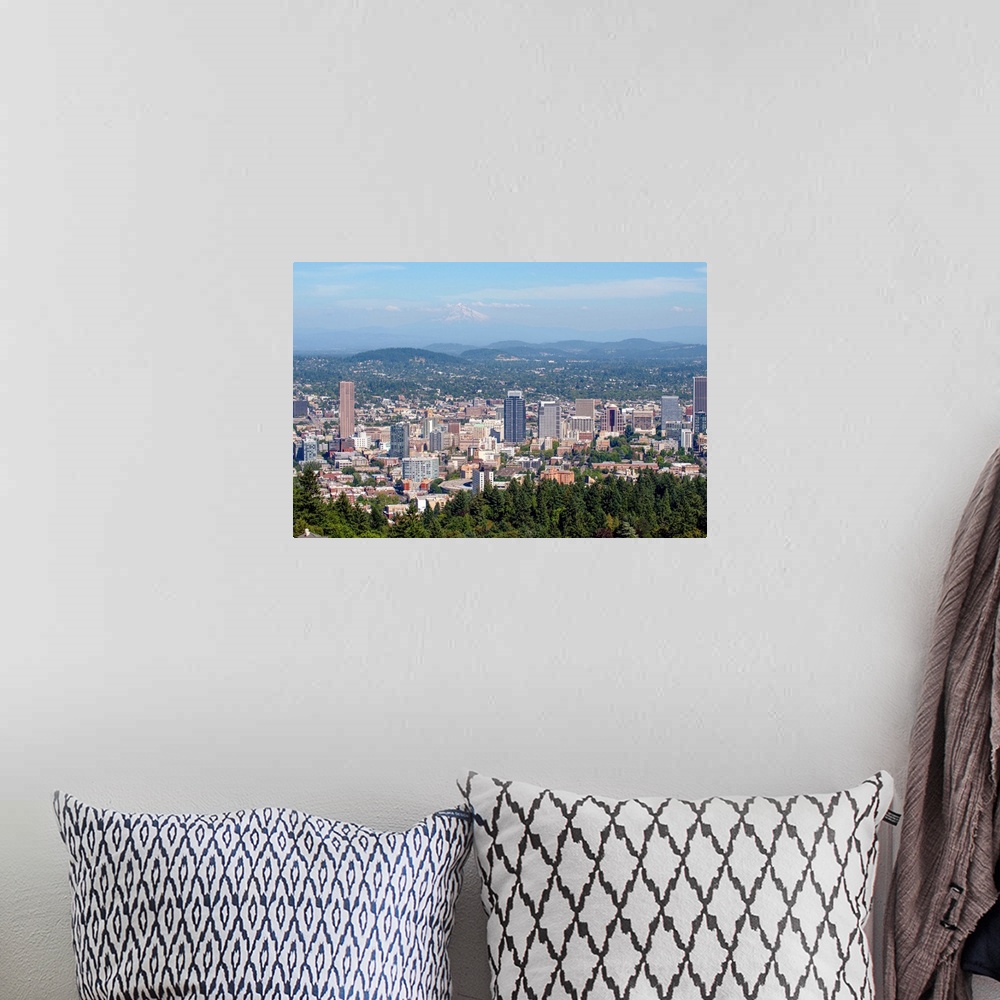 A bohemian room featuring View of downtown Portland city skyline with hazy view of Mount Hood in Oregon.