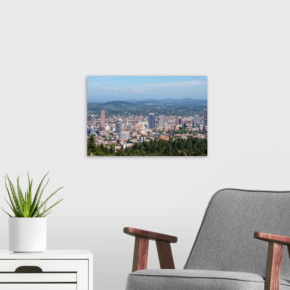 A modern room featuring View of downtown Portland city skyline with hazy view of Mount Hood in Oregon.