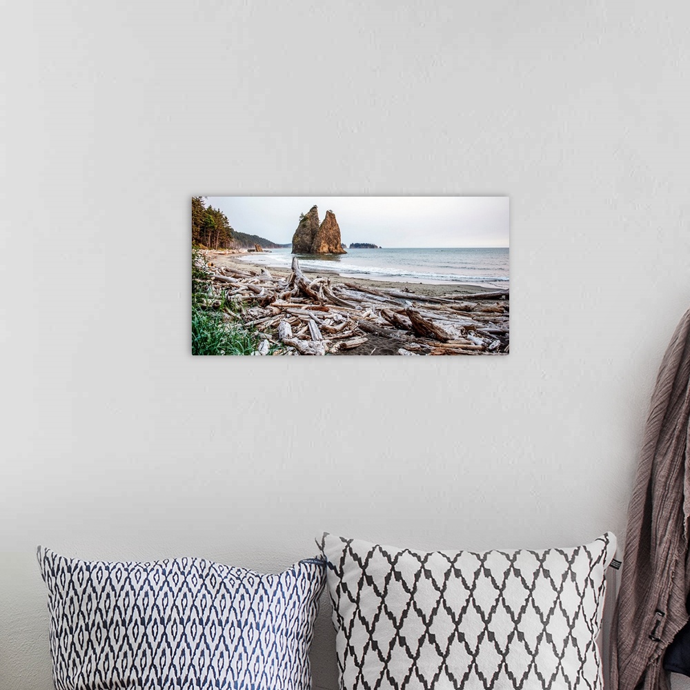 A bohemian room featuring A pile of driftwood clusters at Rialto Beach near Olympic National Park, Washington.