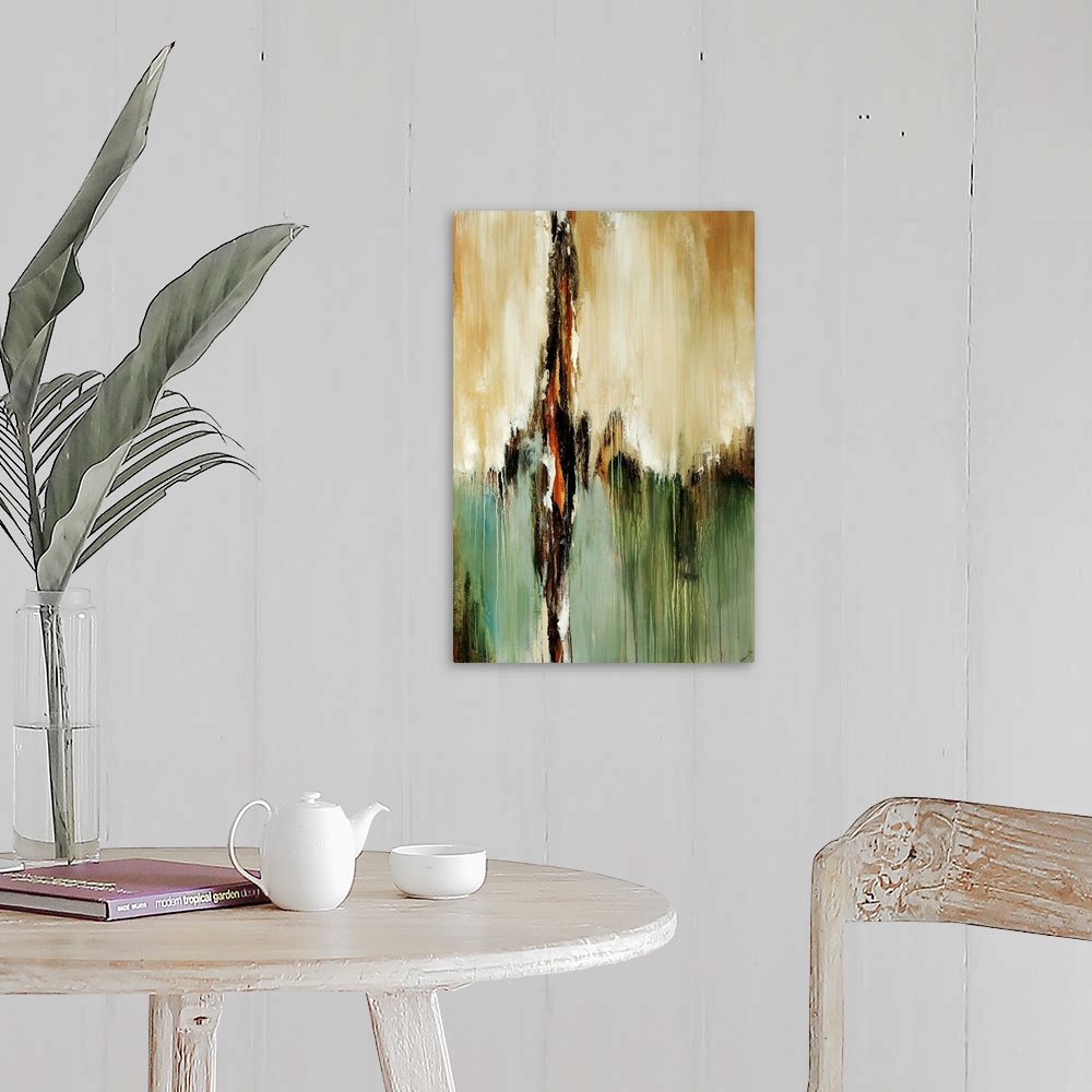 A farmhouse room featuring Vertical abstract wall art of paint dripping downward on canvas.