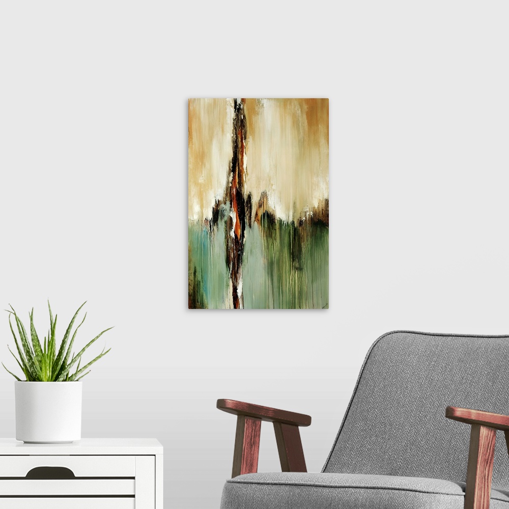 A modern room featuring Vertical abstract wall art of paint dripping downward on canvas.