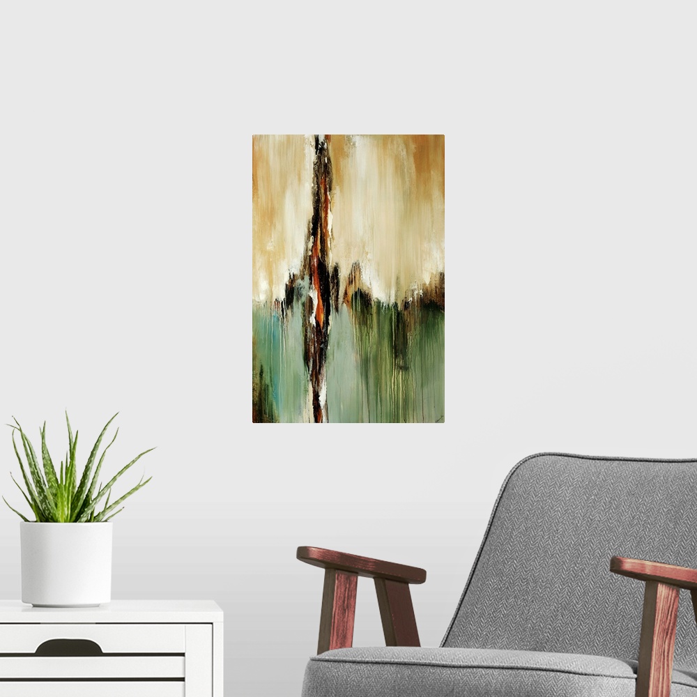 A modern room featuring Vertical abstract wall art of paint dripping downward on canvas.