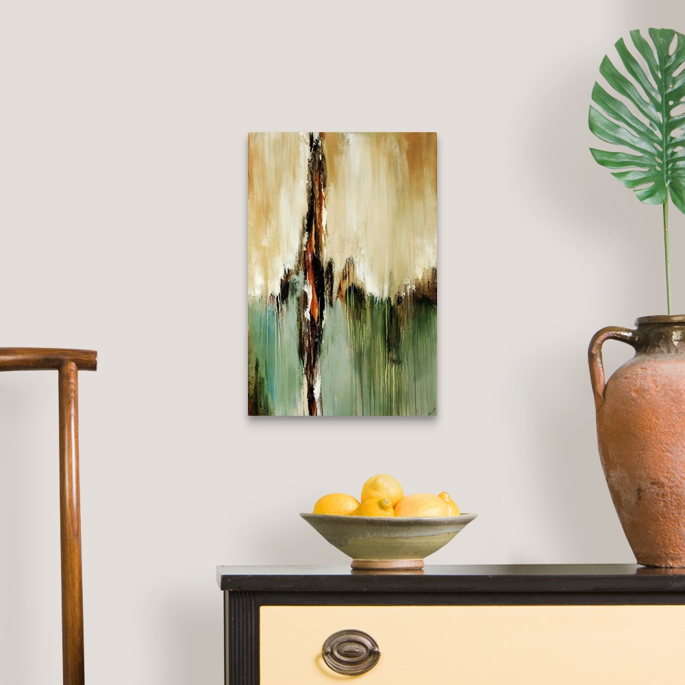A traditional room featuring Vertical abstract wall art of paint dripping downward on canvas.