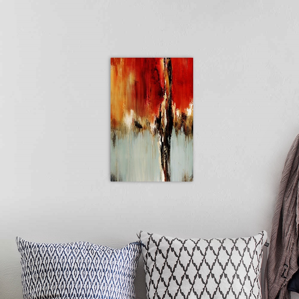 A bohemian room featuring Vertical abstract painting on canvas of warm colors meeting neutral colors.