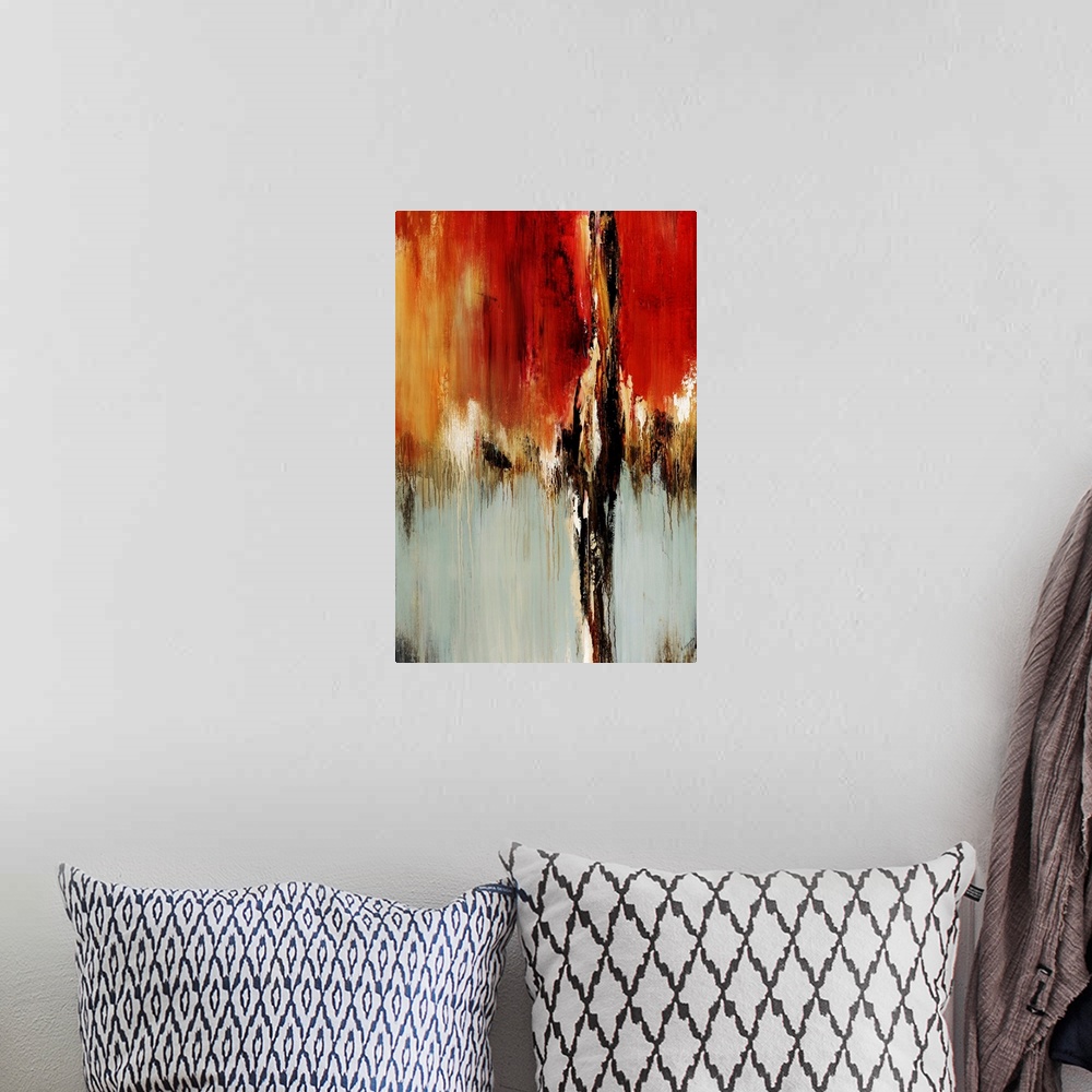 A bohemian room featuring Vertical abstract painting on canvas of warm colors meeting neutral colors.