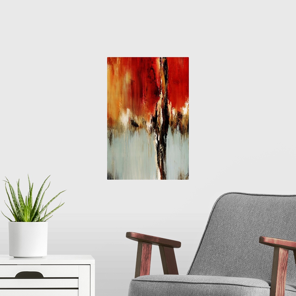 A modern room featuring Vertical abstract painting on canvas of warm colors meeting neutral colors.