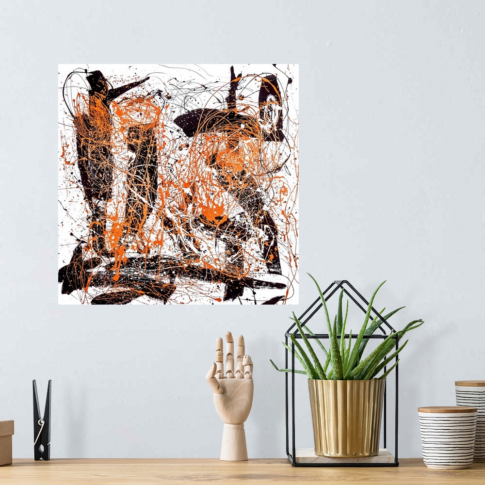 A bohemian room featuring Abstract contemporary artwork in bold black strokes with orange splatters.