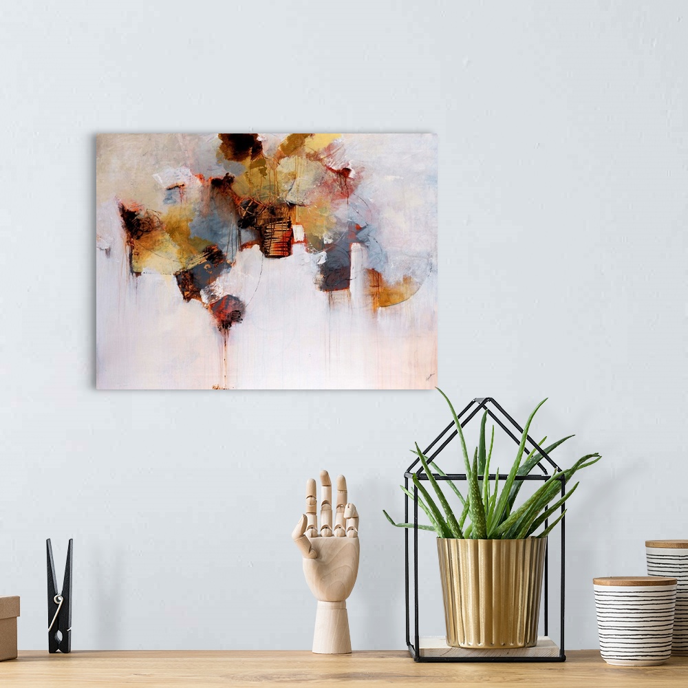 A bohemian room featuring This oversized wall art for the home office of an abstract painting made with a variety of brushs...