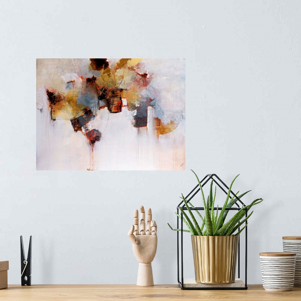 A bohemian room featuring This oversized wall art for the home office of an abstract painting made with a variety of brushs...