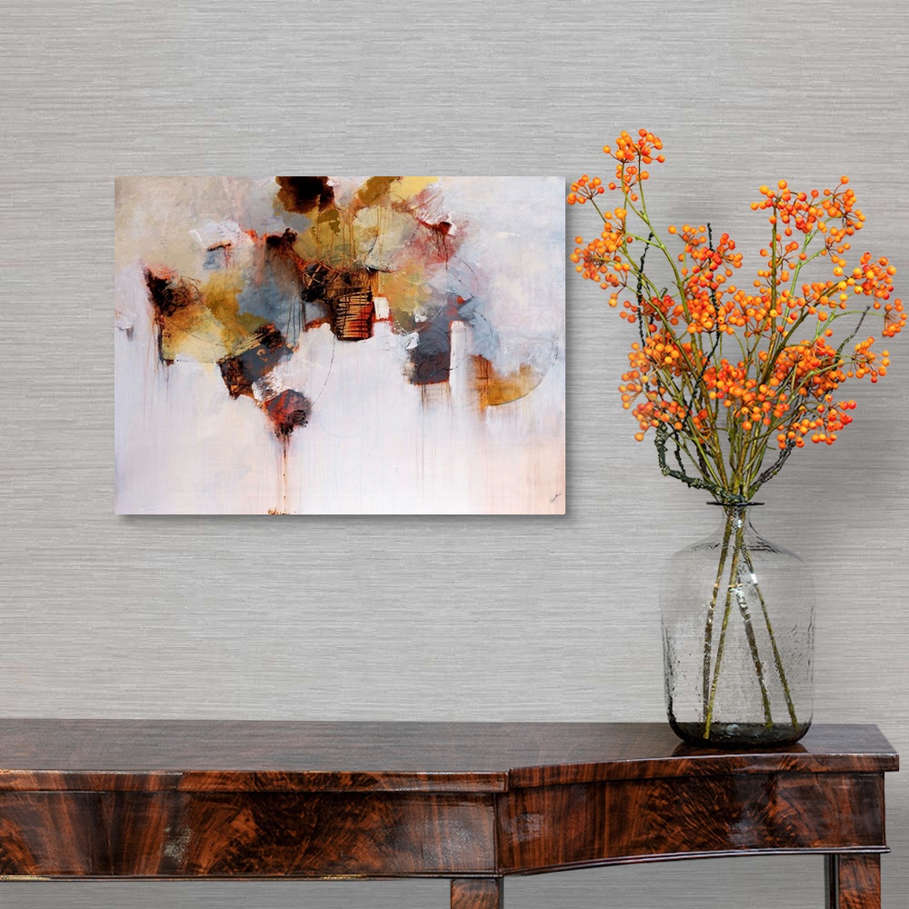 A traditional room featuring This oversized wall art for the home office of an abstract painting made with a variety of brushs...