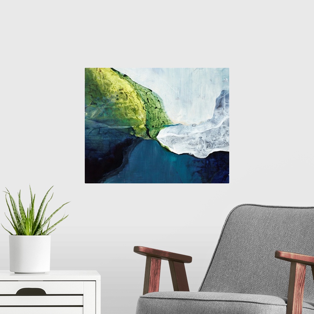 A modern room featuring A contemporary abstract painting using cool colors in organic forms.