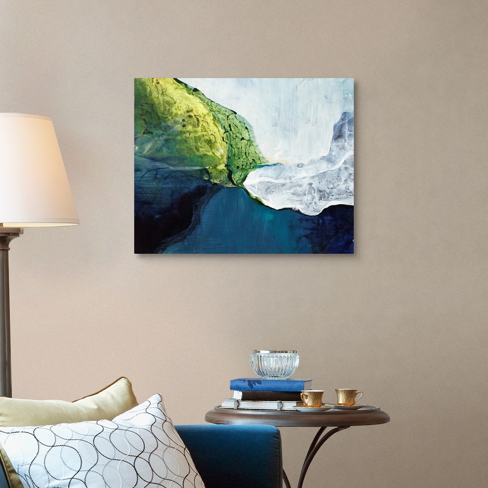 A traditional room featuring A contemporary abstract painting using cool colors in organic forms.
