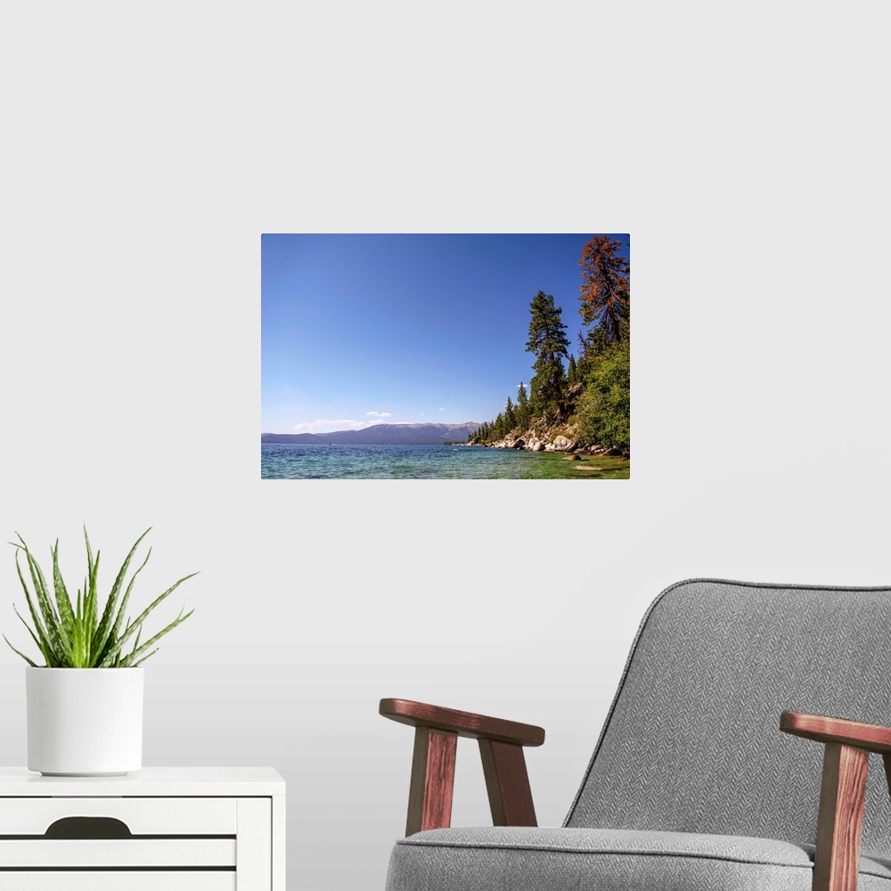 A modern room featuring View of a the east shoreline of Lake Tahoe in California and Nevada.