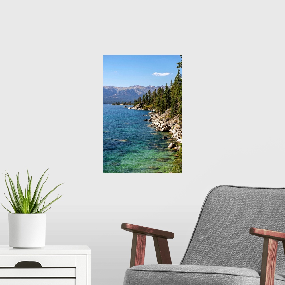 A modern room featuring View of eastern shore of Lake Tahoe in California and Nevada.