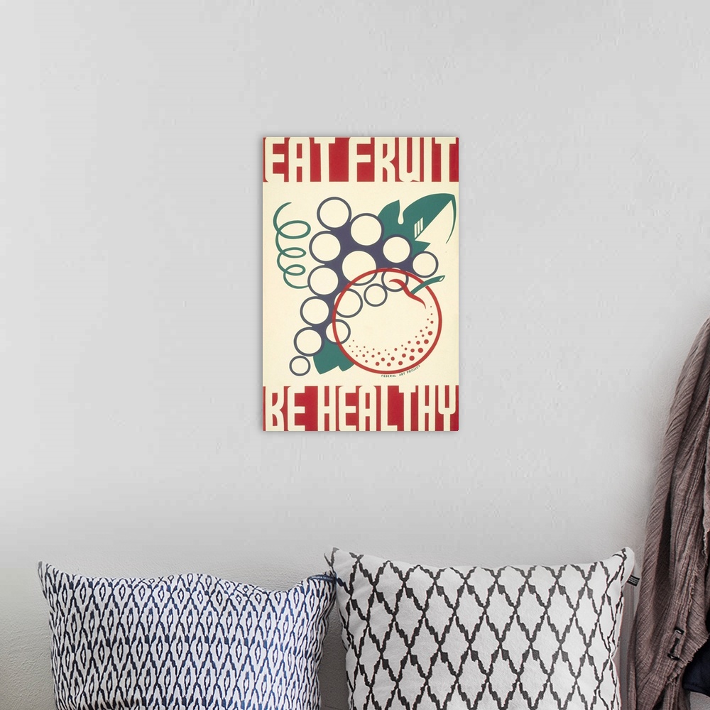 A bohemian room featuring Eat fruit, be healthy. Poster promoting proper dietary habits, showing stylized fruit. Library of...