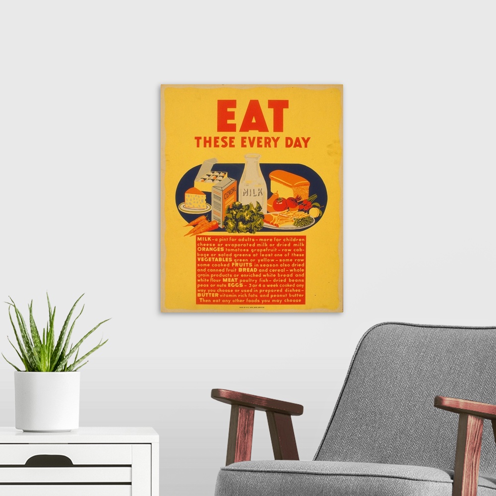 A modern room featuring Artwork promoting consumption of healthy foods, showing dairy products (milk, cheese), eggs, frui...