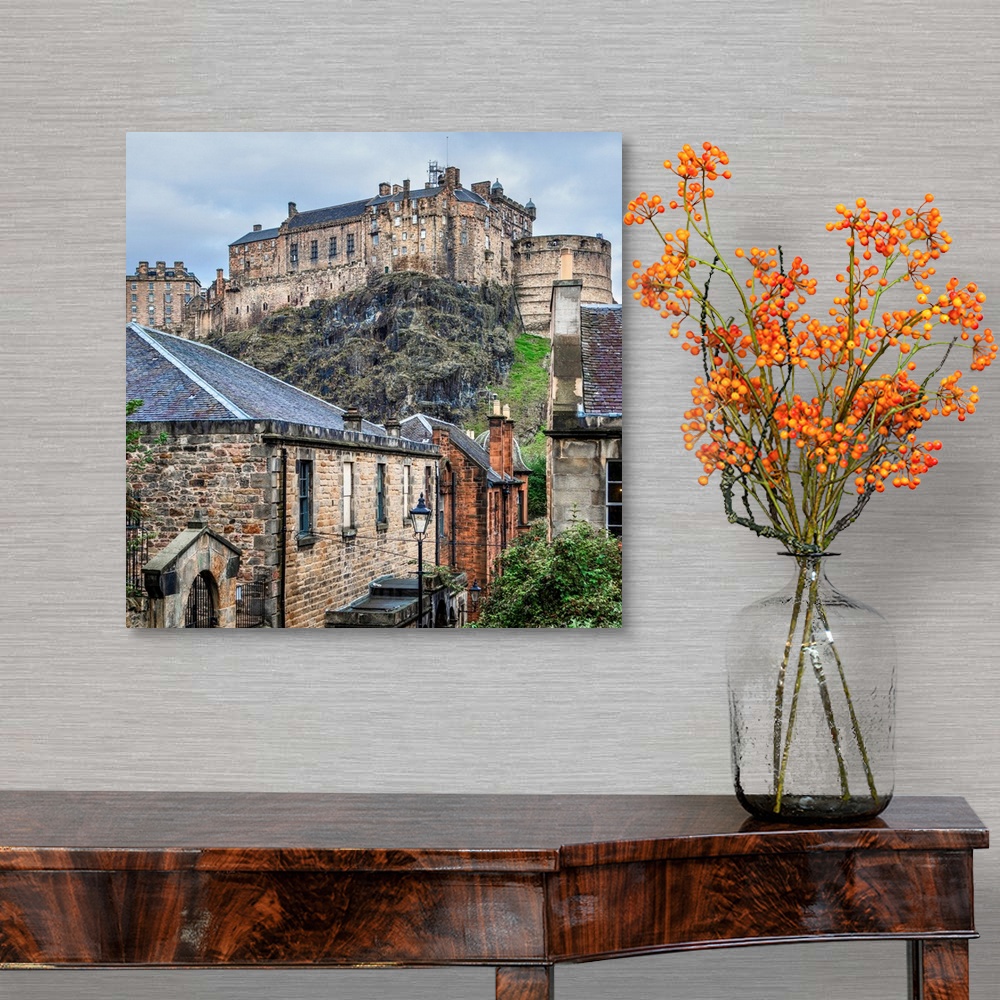 A traditional room featuring Square photograph of the Edinburgh Castle with old stone buildings in the foreground, Edinburgh, ...