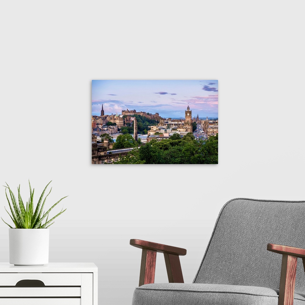 A modern room featuring View of downtown Edinburgh in Scotland including The Balmoral.