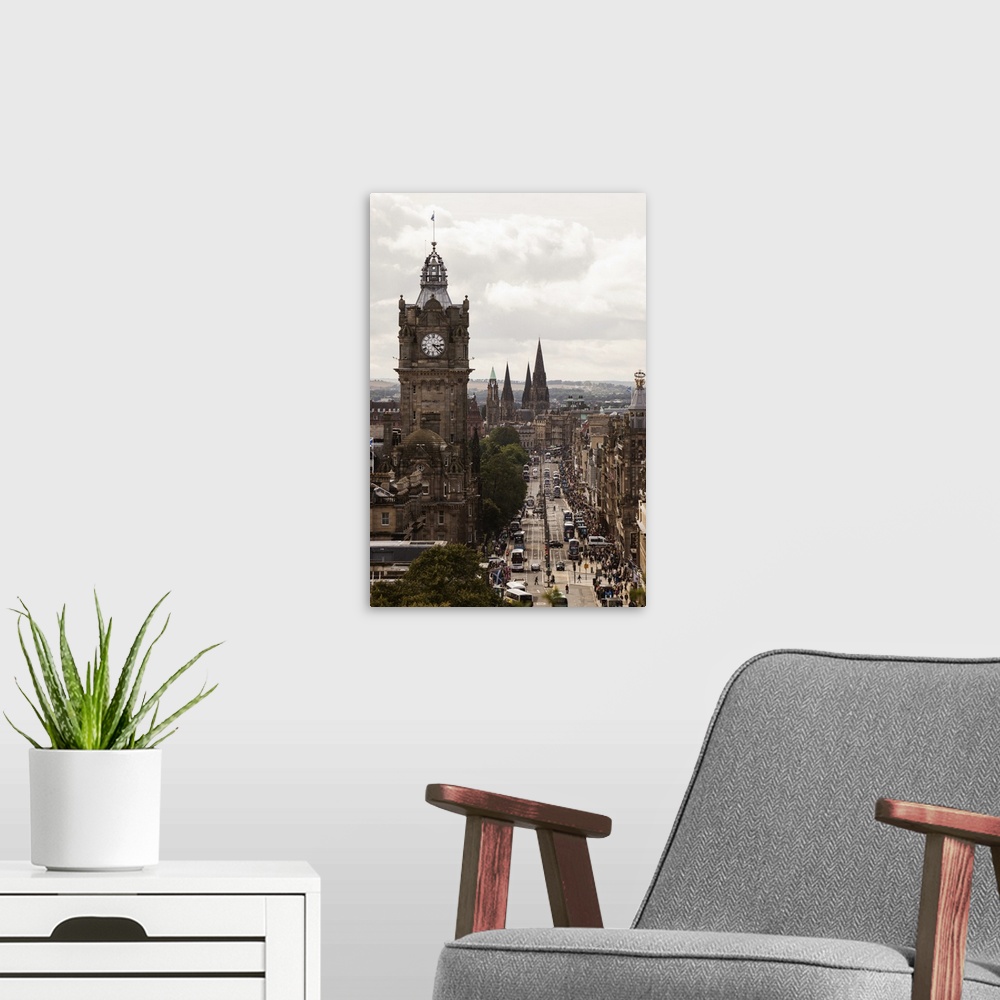 A modern room featuring Cityscape photograph of Edinburgh, Scotland highlighting the clock tower.