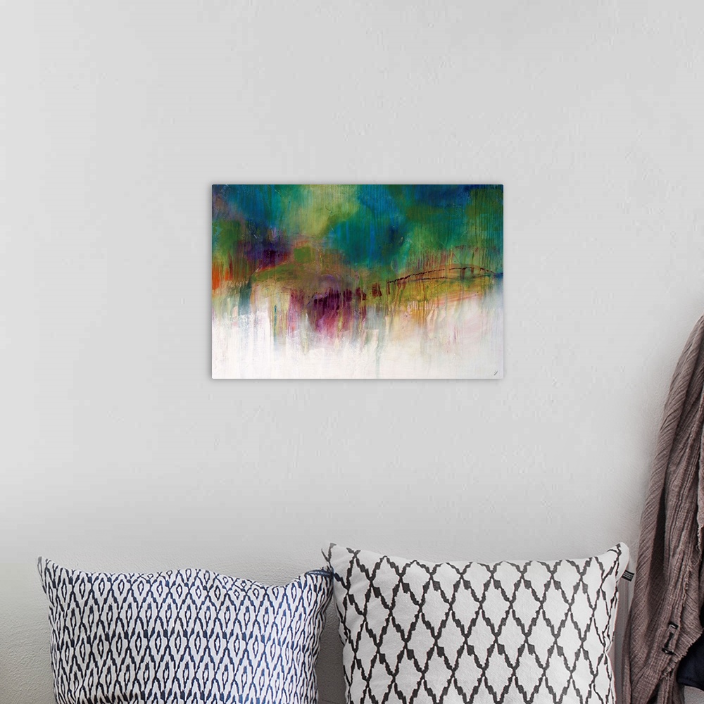 A bohemian room featuring Abstract painting of a mass of vibrant multicolored clusters that appear as one large cloud loomi...