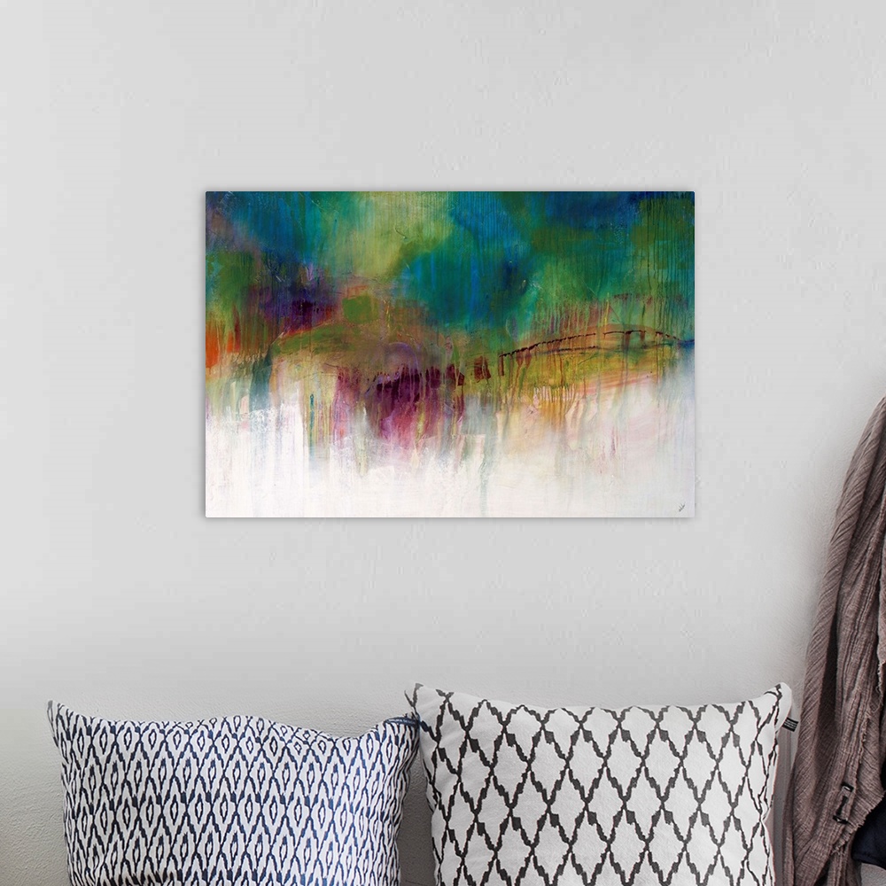 A bohemian room featuring Abstract painting of a mass of vibrant multicolored clusters that appear as one large cloud loomi...