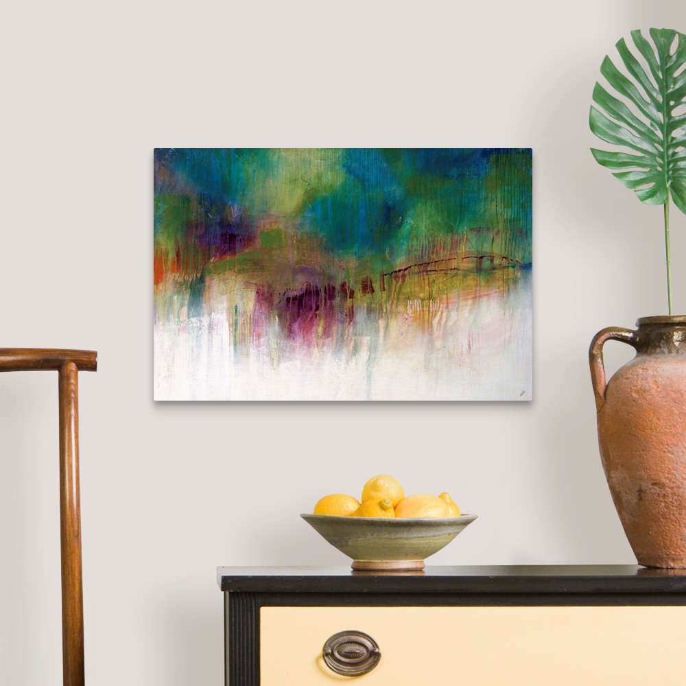 A traditional room featuring Abstract painting of a mass of vibrant multicolored clusters that appear as one large cloud loomi...